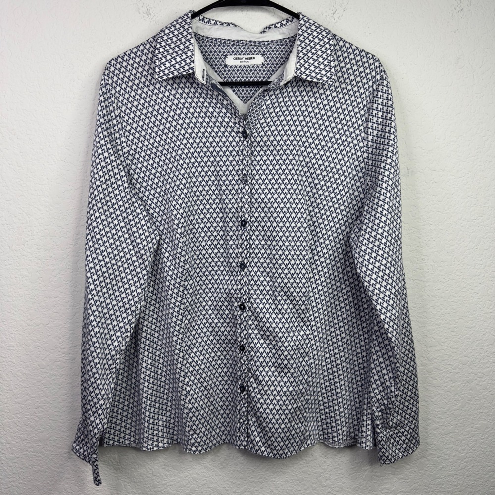 Gerry Weber Edition Shirt Women 14 Blue White Geometric Button Preppy Maximalist
